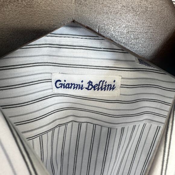 Gianni Bellini Shirt Mens Size 16 White Black Striped Polyester Blend Button Up - Picture 5 of 13